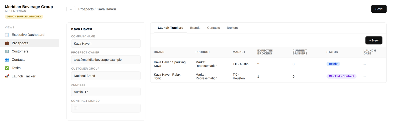 Supplier detail view with launch trackers tab showing each brand's market, expected brokers, and launch status