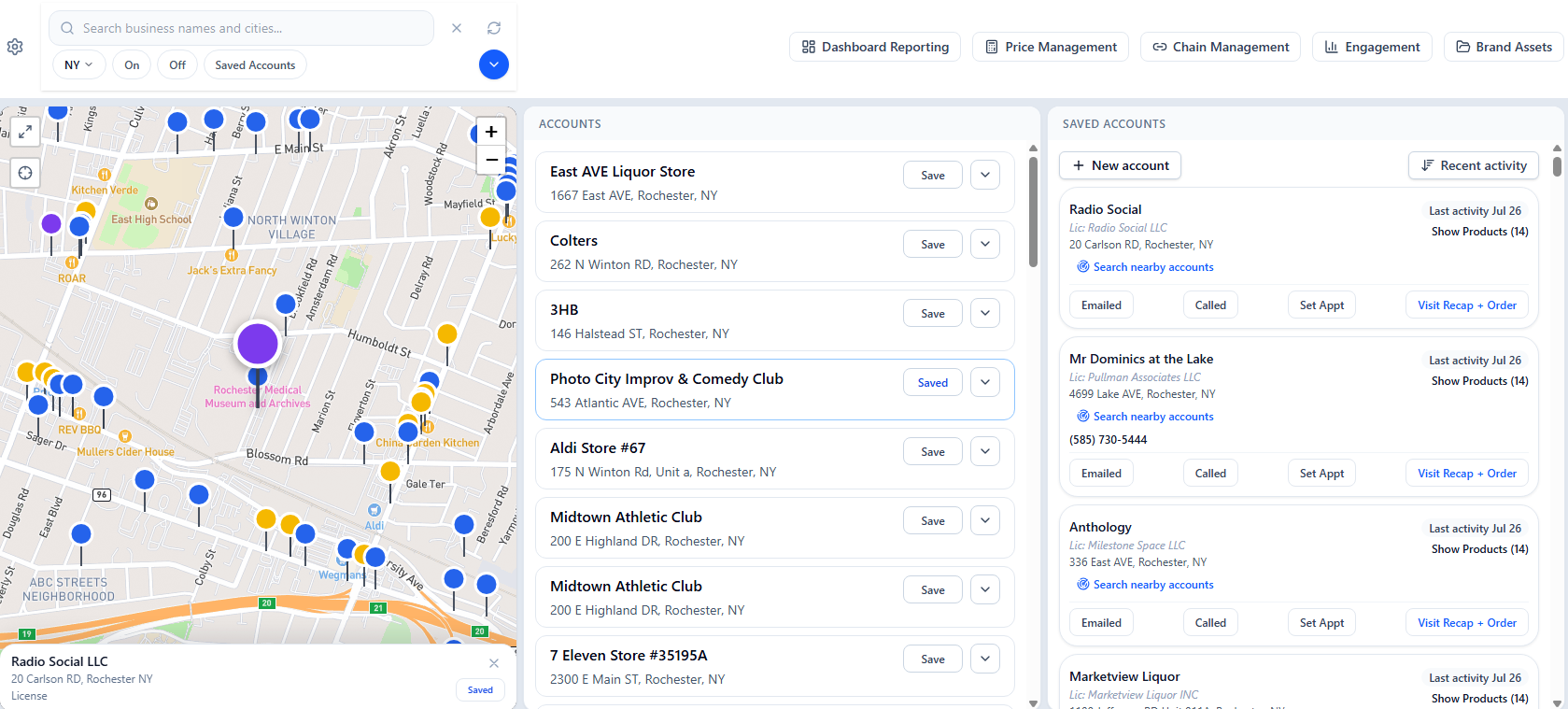 Ruby CRM desktop workspace with a license map, accounts list, and saved accounts with one-tap activity logging