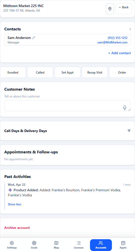 Ruby CRM mobile account view showing contacts, one-tap activity buttons, notes, and past activities